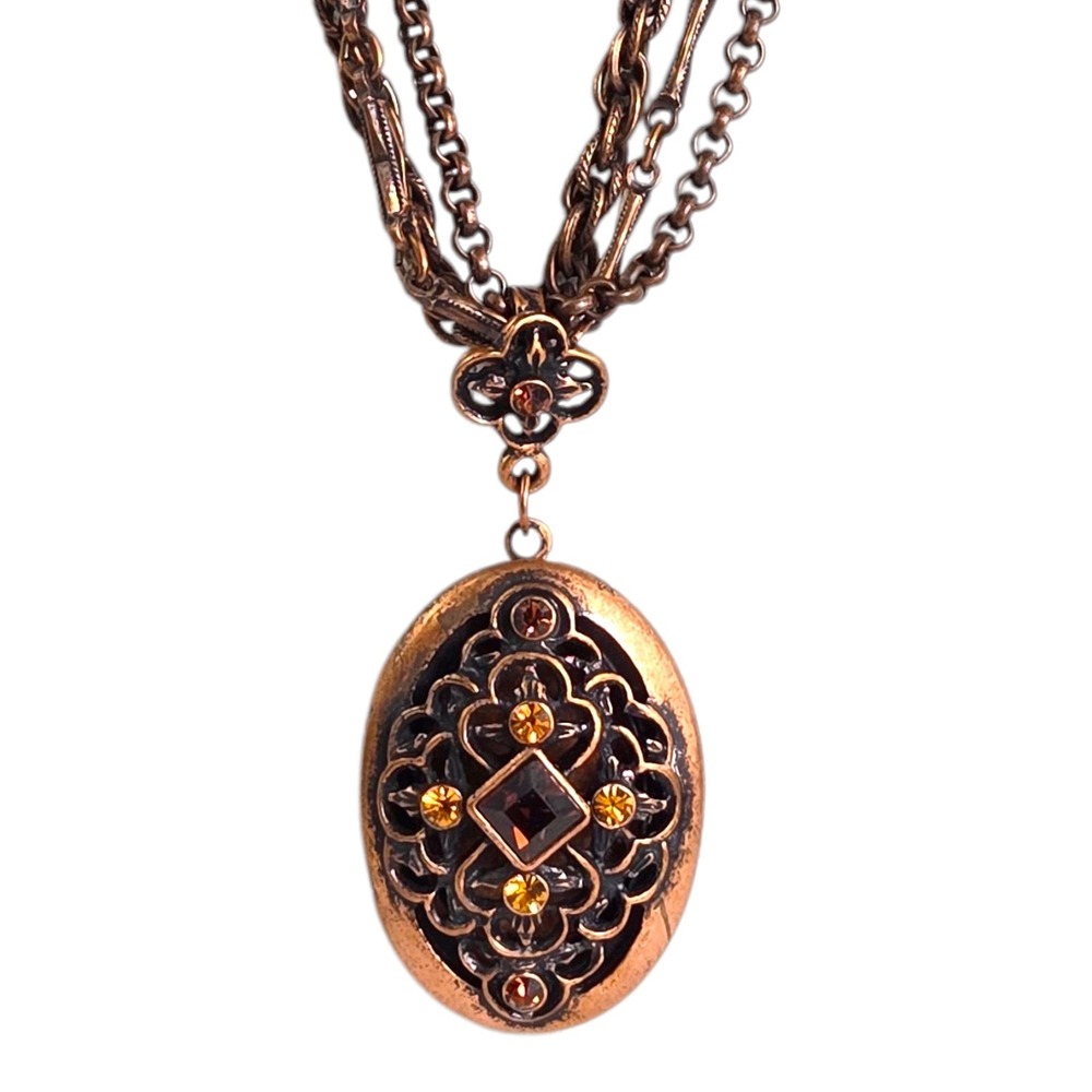 1928 Jewelery Co Copper Rinestone Picture Locket Necklace Victorian NWOT Vintage